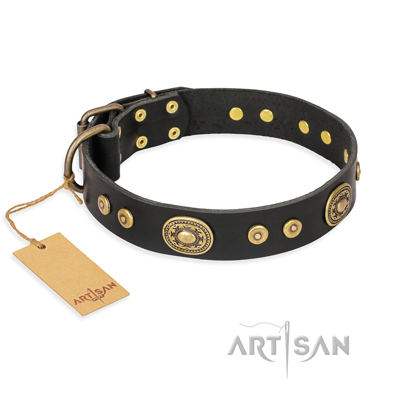"Golden Radiance" FDT Artisan Black Leather Newfoundland Collar with Old Bronze Look Ovals and Circles