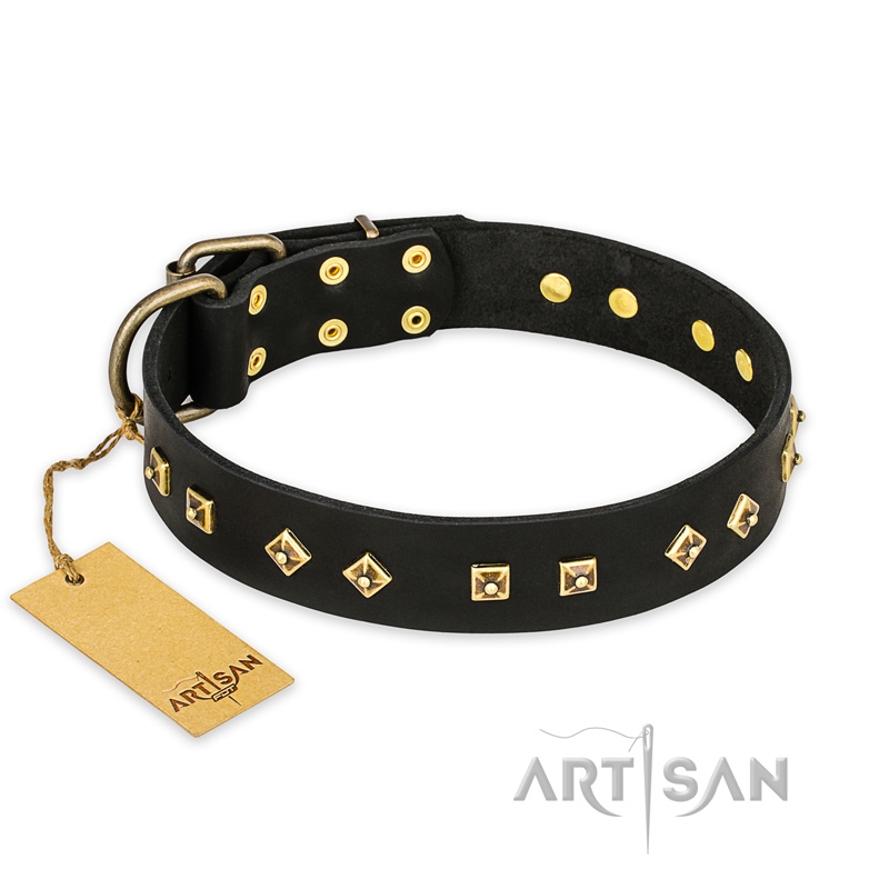 "Rhomb Style" FDT Artisan Decorated Leather Newfoundland Collar with Old Bronze-Plated Studs 1 1/2 inch (40 mm) Wide