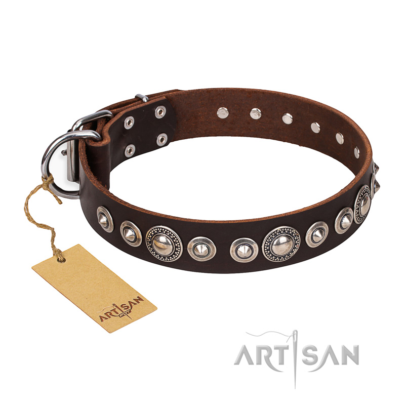 "Step and Sparkle" FDT Artisan Glamorous Studded Brown Leather Newfoundland Collar