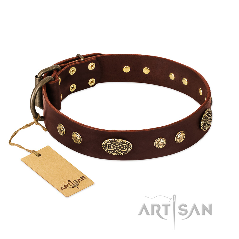 "Old-fashioned Glamor" FDT Artisan Brown Leather Newfoundland Collar with Old Bronze Look Plates and Circles