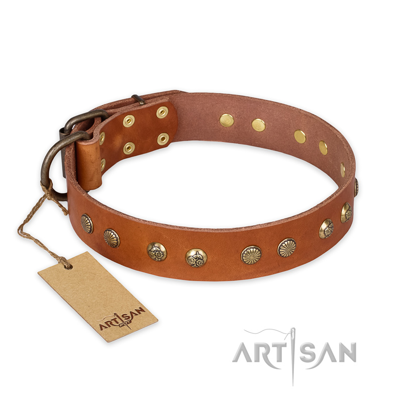"Spring Flavor" FDT Artisan Adorned Leather Newfoundland Collar with Old Bronze-Plated Engraved Studs - Click Image to Close