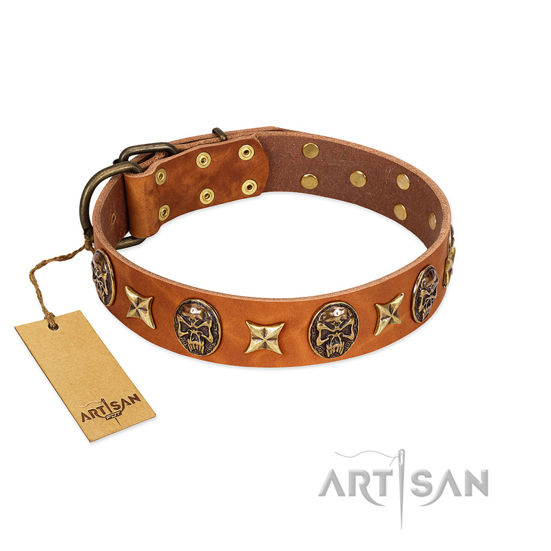 "Rockin' Doggie" FDT Artisan Tan Leather Newfoundland Collar Adorned with Stars and Skulls - Click Image to Close