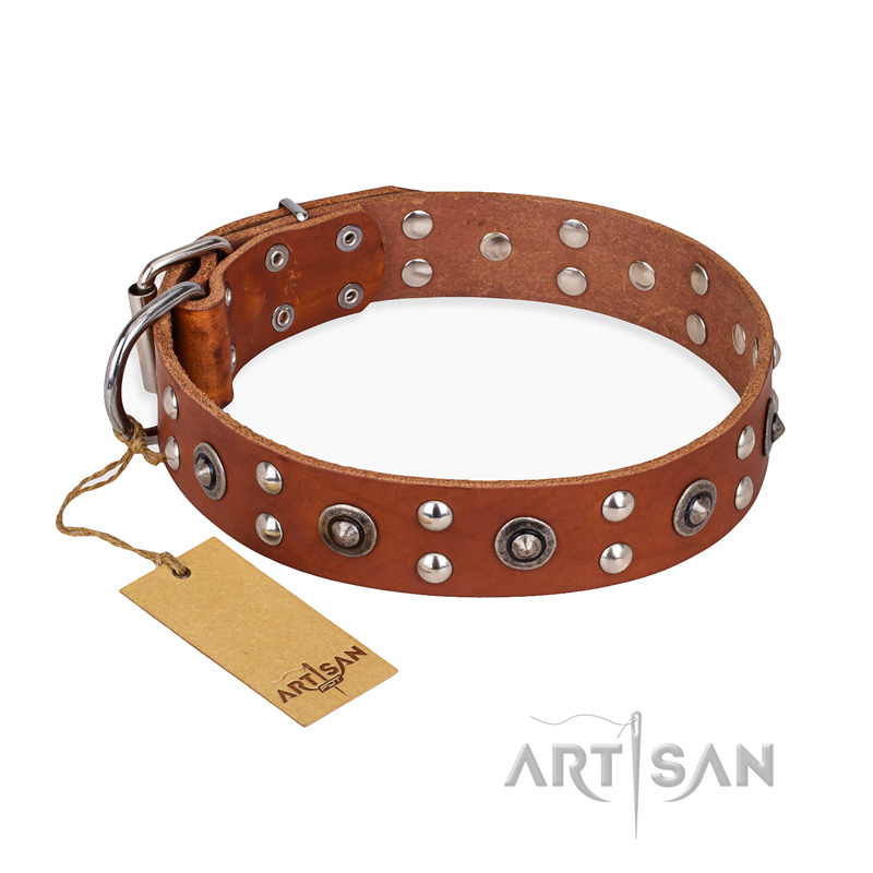 "Silver Elegance" FDT Artisan Decorated Leather Newfoundland Collar with Old Silver-Like Plated Studs and Cones