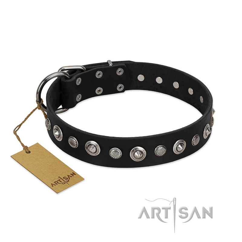 "Genteel Charm" FDT Artisan Black Leather Newfoundland Collar with Silver-like Round Conchos