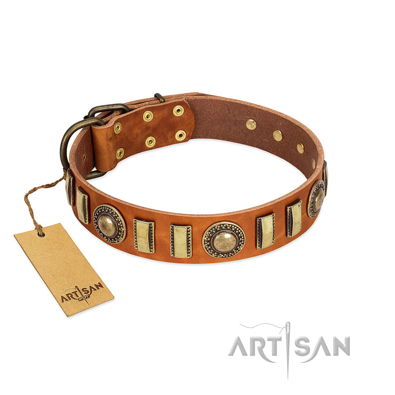 "Happy Hound" FDT Artisan Tan Leather Newfoundland Collar with Elegant Decorations