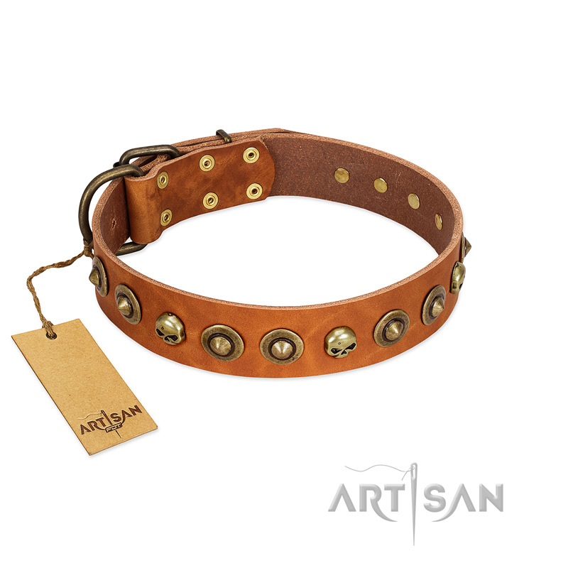 "Prez of the Pack" FDT Artisan Tan Leather Newfoundland Collar with Skulls and Brooches - Click Image to Close