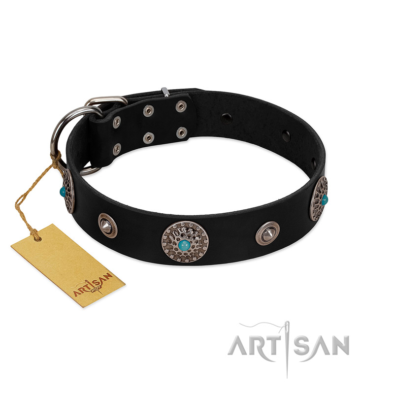 "Blue Gems" FDT Artisan Black Leather Newfoundland Collar with Chrome Plated Studs and Conchos