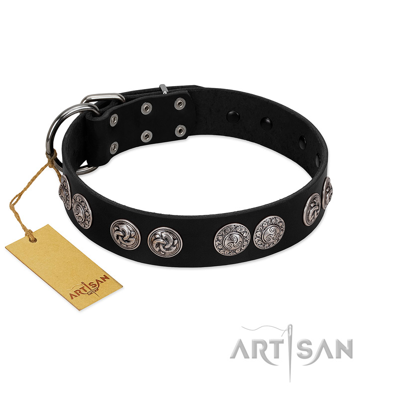 "Magic Amulete" Handcrafted FDT Artisan Black Leather Newfoundland Collar with Chrome-Plated Shields