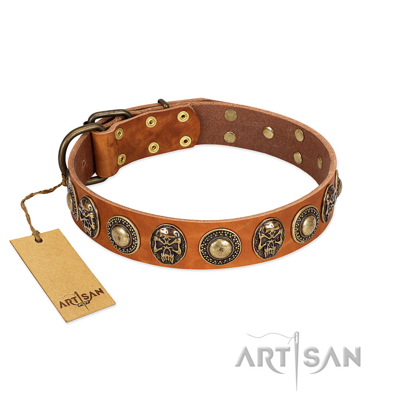 "Golden Epoch" FDT Artisan Tan Leather Newfoundland Collar with Old Bronze-plated Medallions and Conchos