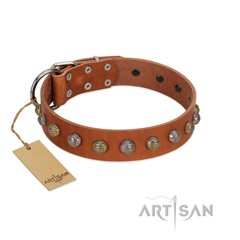 "Dogue-Vogue" FDT Artisan Tan Leather Newfoundland Collar with Engraved Chrome-plated Studs