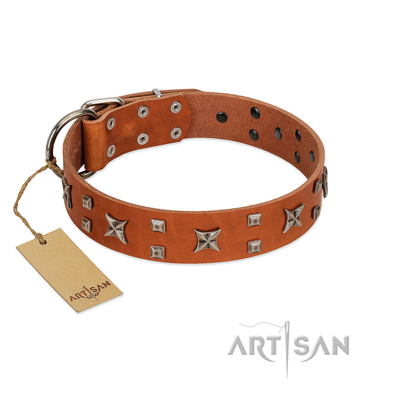"Faraway Galaxy" FDT Artisan Tan Leather Newfoundland Collar Adorned with Stars and Squares - Click Image to Close