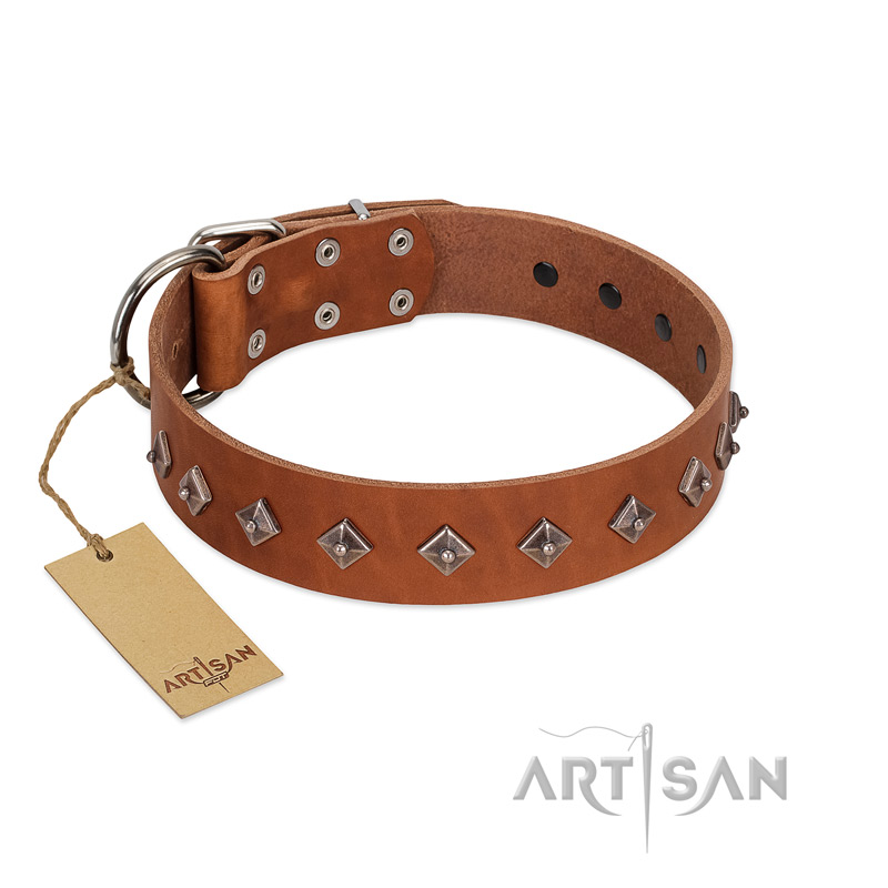 "Broadway" Handmade FDT Artisan Tan Leather Newfoundland Collar with Dotted Pyramids