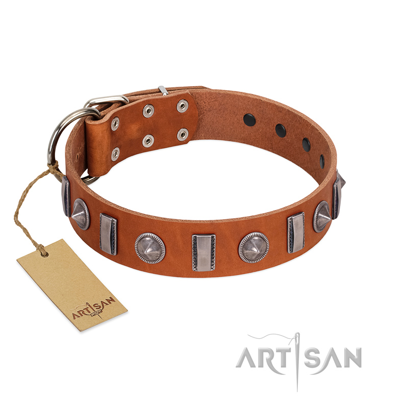 "Luxurious Necklace" FDT Artisan Tan Leather Newfoundland Collar with Silver-Like Adornments