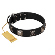 "Sea Rover" Embellished FDT Artisan Black Leather Newfoundland Collar with Chrome Plated Crossbones and Plates