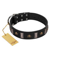 "Pirates' Symbol" Fashionable FDT Artisan Black Leather Newfoundland Collar with Silver-Like Plates and Gold-Like Skulls