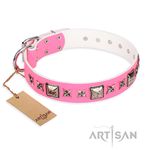 Leather dog collar made of reliable material with corrosion resistant traditional buckle