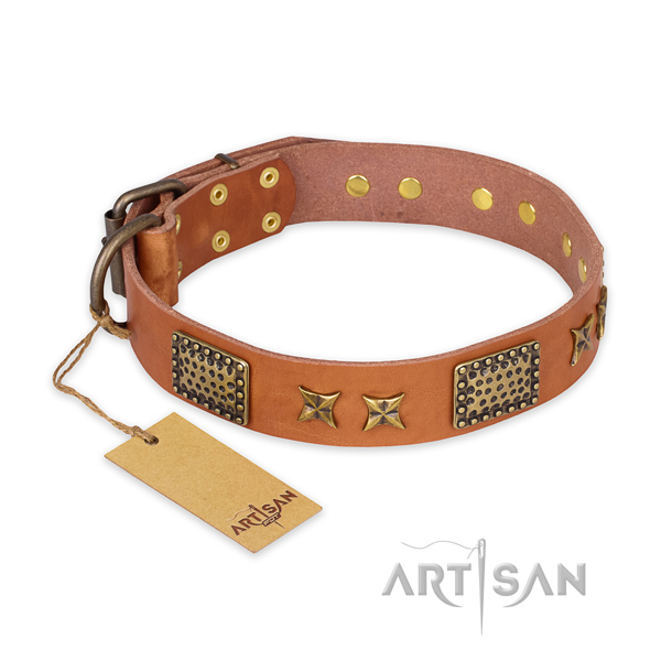 Decorated natural genuine leather dog collar with rust resistant hardware