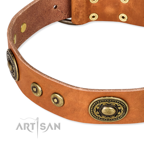 Natural genuine leather dog collar made of soft material with studs