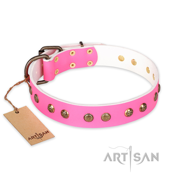Adjustable full grain natural leather dog collar with rust-proof buckle
