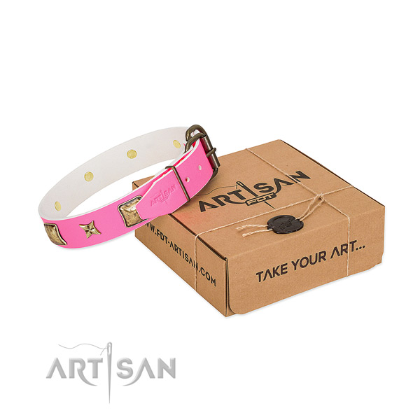 Corrosion resistant buckle on full grain leather dog collar for stylish walking