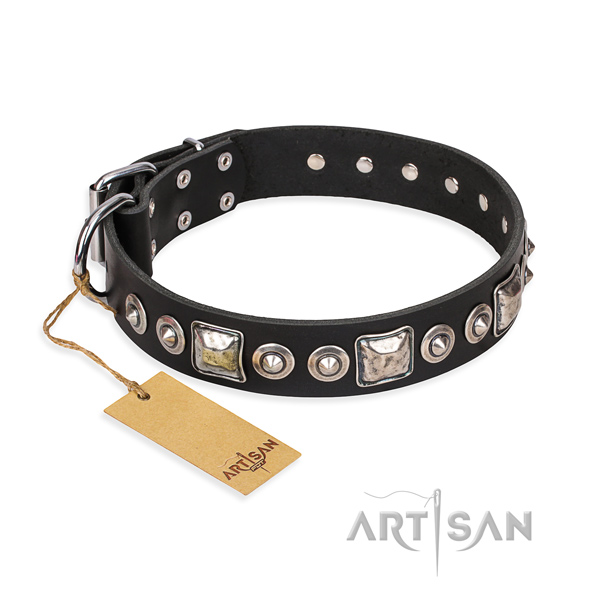 Natural genuine leather dog collar made of soft to touch material with strong traditional buckle