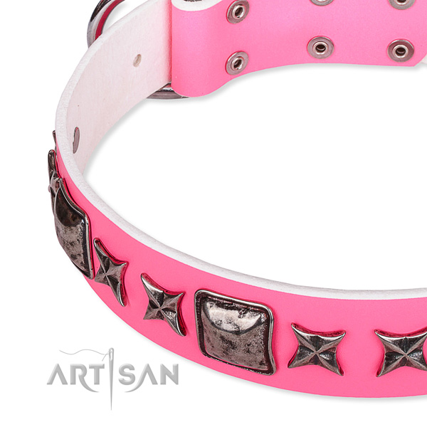 Easy wearing decorated dog collar of reliable full grain natural leather