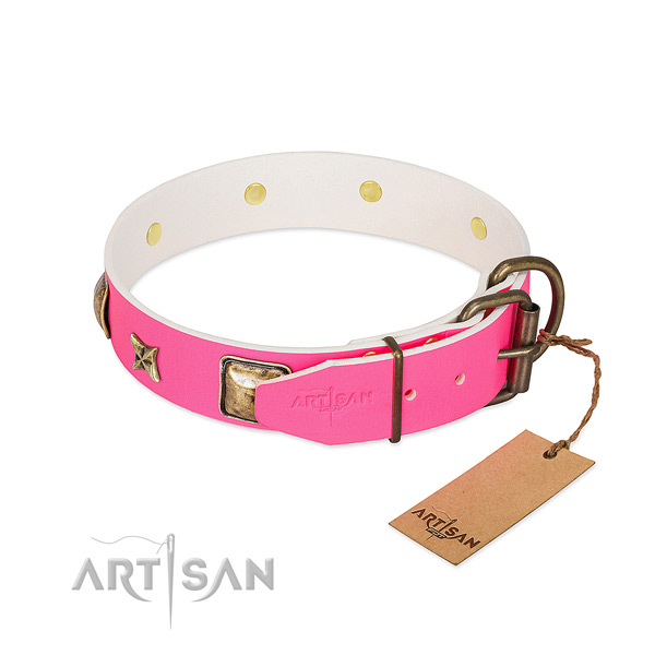 Rust resistant hardware on natural genuine leather collar for basic training your pet