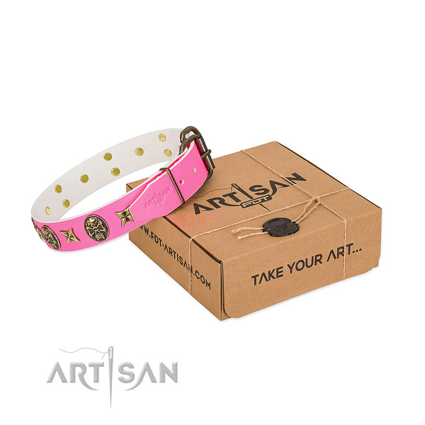 Rust-proof D-ring on full grain genuine leather dog collar for handy use