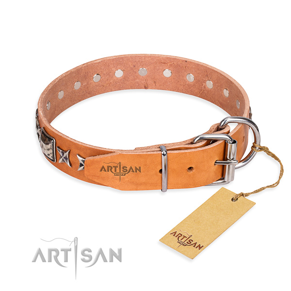 Reliable decorated dog collar of genuine leather