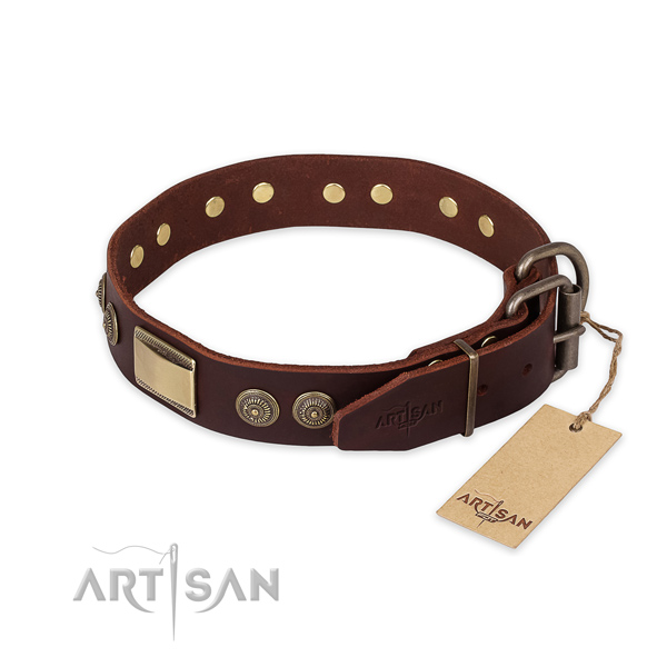 Strong hardware on full grain leather collar for fancy walking your dog