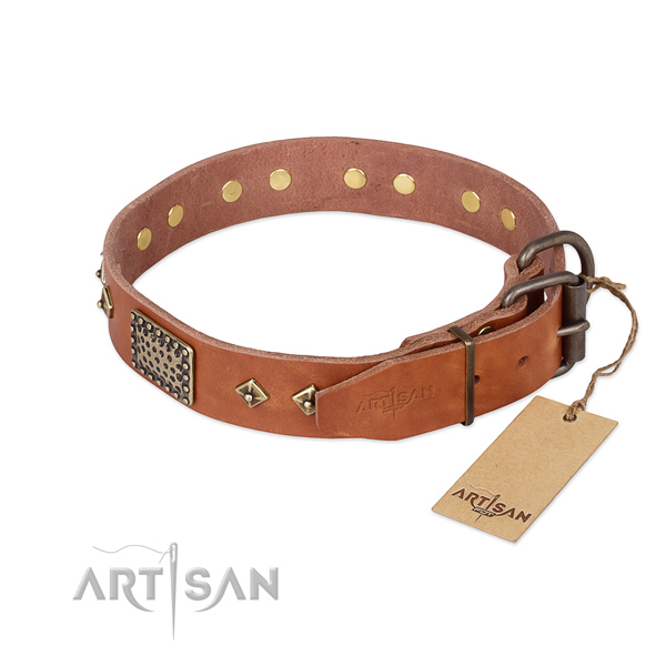 Full grain leather dog collar with corrosion resistant D-ring and studs