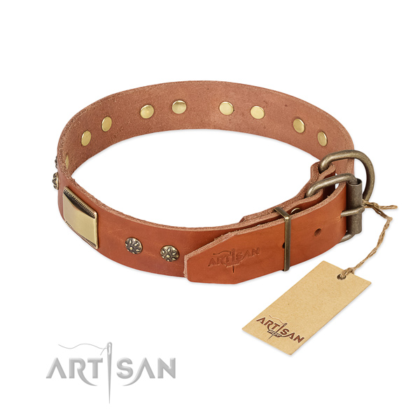 Full grain genuine leather dog collar with durable buckle and adornments