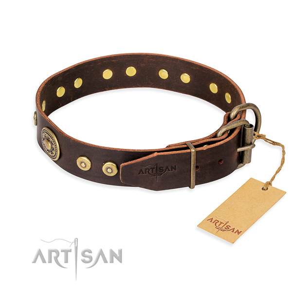 Full grain genuine leather dog collar made of high quality material with corrosion proof adornments