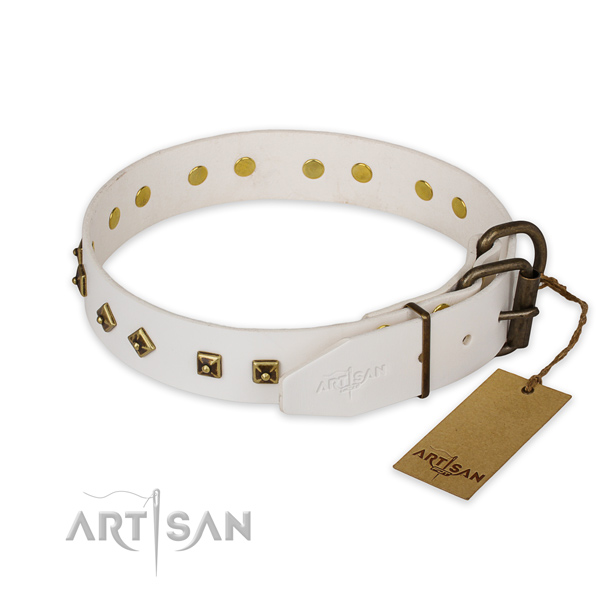Corrosion resistant D-ring on full grain genuine leather collar for walking your four-legged friend