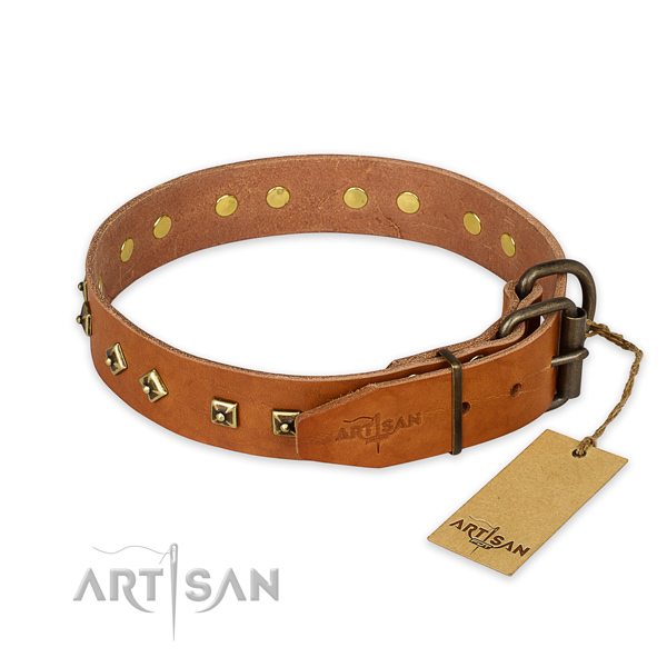 Strong buckle on full grain natural leather collar for fancy walking your four-legged friend