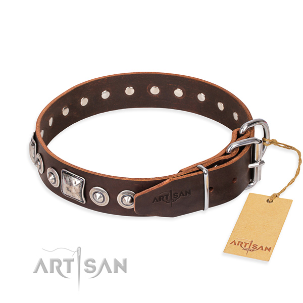 Full grain genuine leather dog collar made of top rate material with strong embellishments