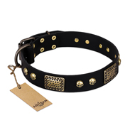 "Biker Style" FDT Artisan Black Leather Newfoundland Collar with Old Bronze Look Plates and Skulls "Biker Style" FDT Artisan Black Leather Newfoundland Collar with Old Bronze Look Plates and Skulls
