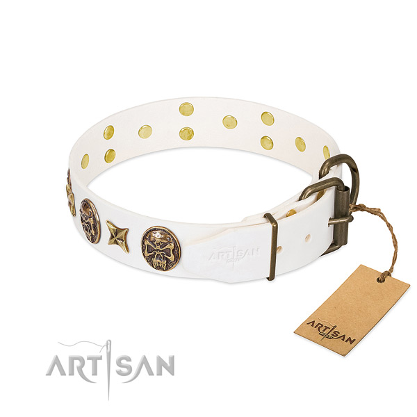 Strong hardware on natural genuine leather collar for basic training your dog