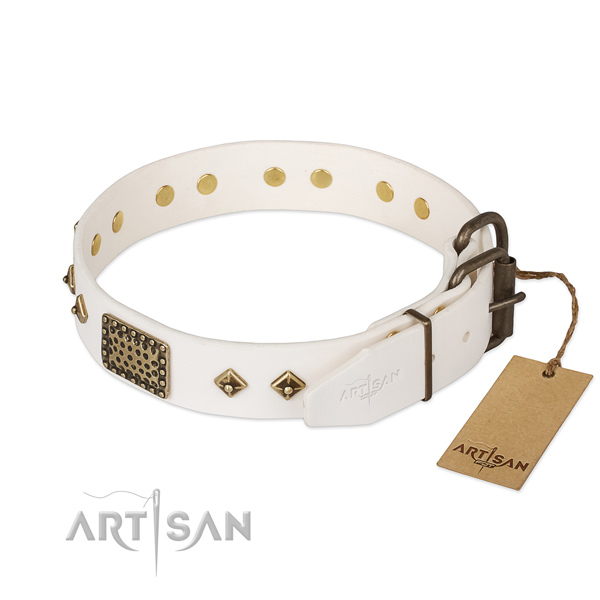Genuine leather dog collar with rust-proof traditional buckle and embellishments