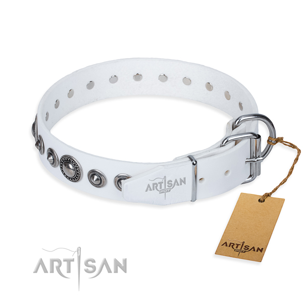 Genuine leather dog collar made of soft to touch material with corrosion resistant studs