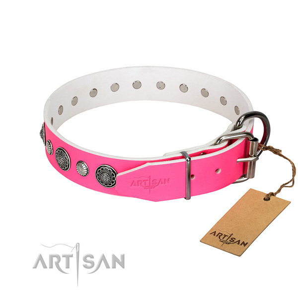 Durable Full grain natural leather dog collar with corrosion resistant fittings