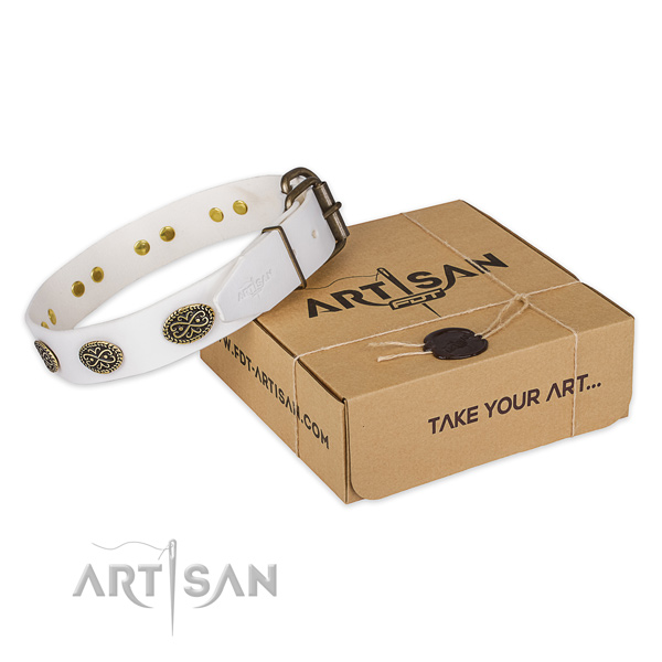 Reliable traditional buckle on full grain natural leather collar for your lovely doggie