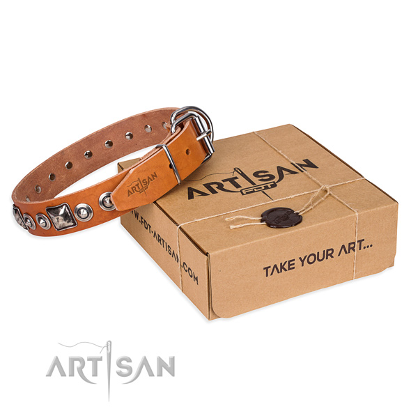 Full grain natural leather dog collar made of quality material with corrosion proof fittings