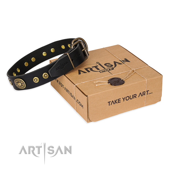 Full grain genuine leather dog collar made of soft to touch material with durable D-ring