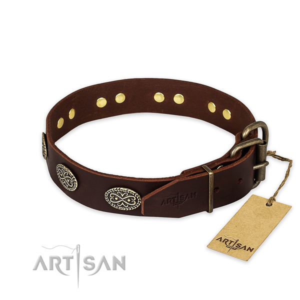 Rust resistant traditional buckle on full grain leather collar for your impressive pet