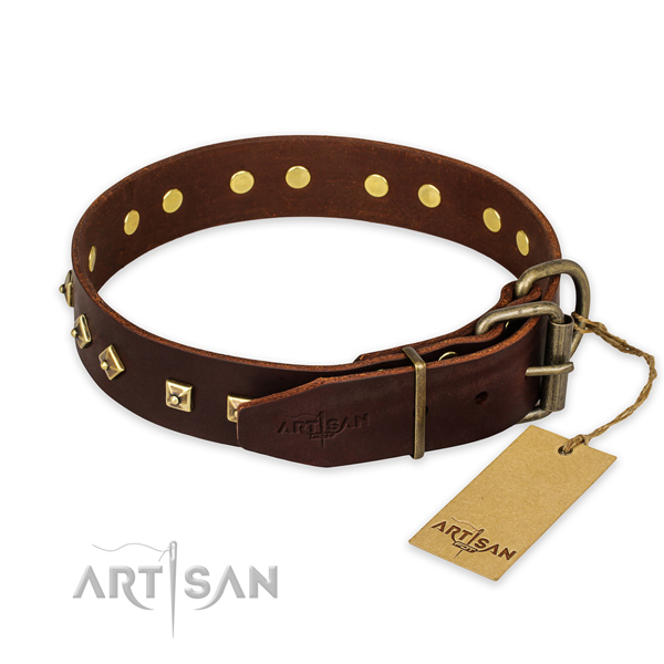 Rust-proof buckle on full grain genuine leather collar for fancy walking your pet