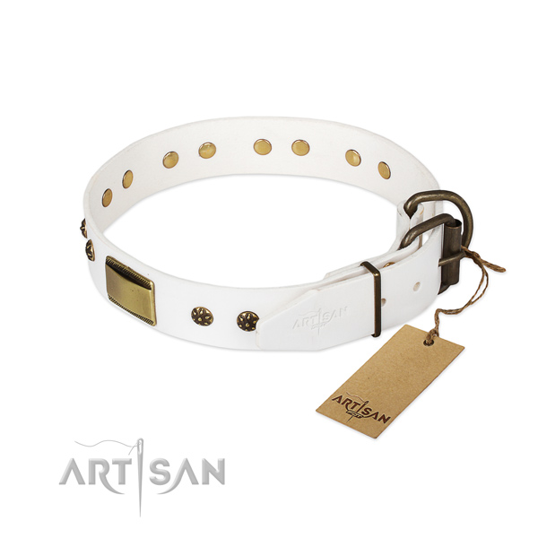 Leather dog collar with corrosion resistant traditional buckle and decorations