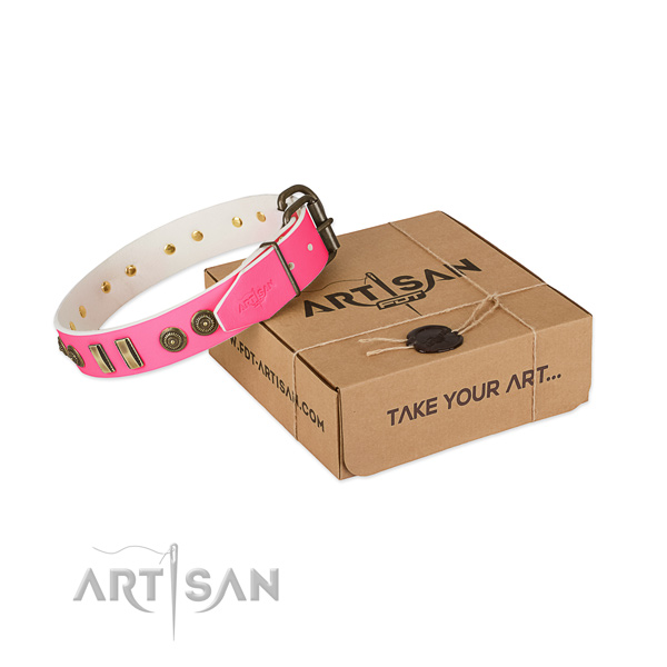 Strong hardware on natural leather dog collar for your doggie