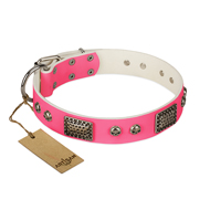 "Fashion Skulls" FDT Artisan Pink Leather Newfoundland Collar with Old Silver Look Plates and Skulls "Fashion Skulls" FDT Artisan Pink Leather Newfoundland Collar with Old Silver Look Plates and Skulls