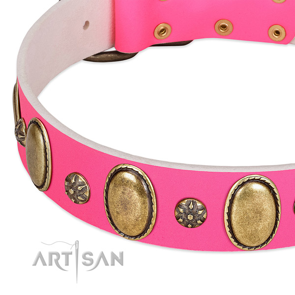 Durable full grain natural leather dog collar with corrosion resistant traditional buckle